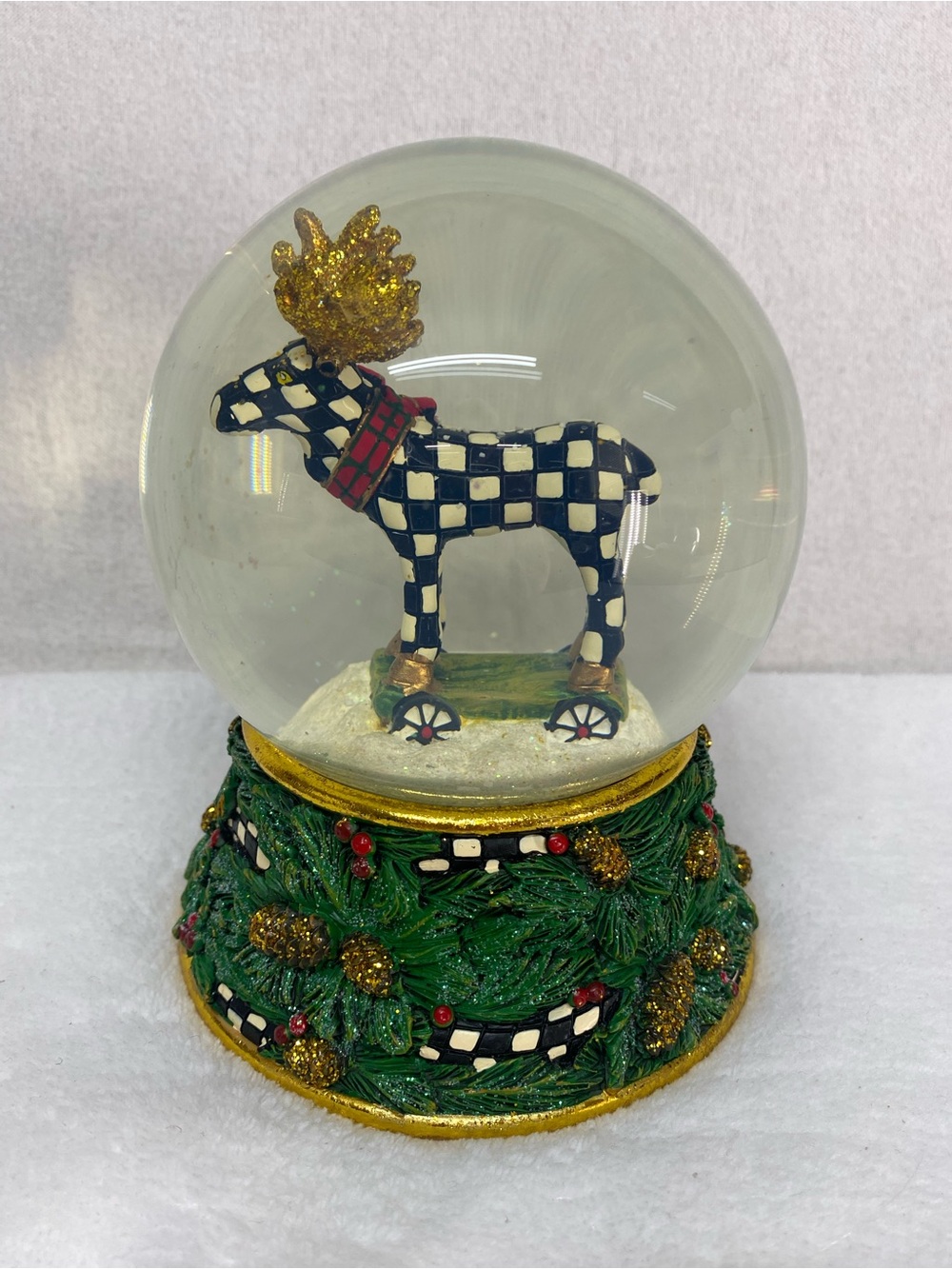 MacKenzie-Childs Moose On Parade Musical Snow Globe Courtly Check Pattern Moose